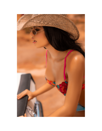 Ensemble 2 pièces résille brodée rose et bleue, soutien gorge et string 