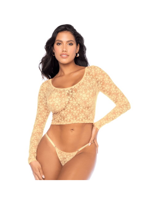 Ensemble 2 pièces en dentelle jaune pastel, crop top et string 