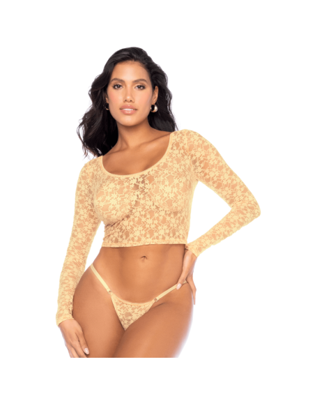 Ensemble 2 pièces en dentelle jaune pastel, crop top et string 