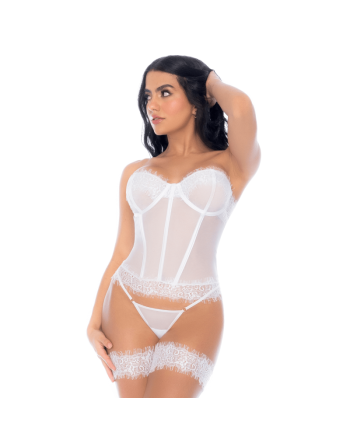 Ensemble 4 pièces blanc, bustier, string et 2 jarretières 