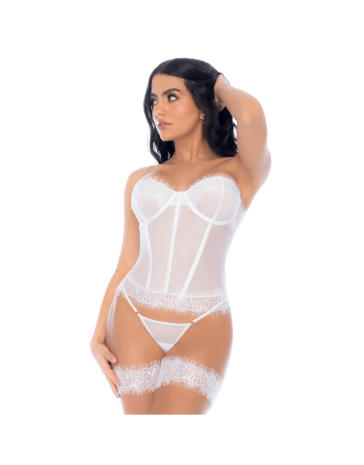 Ensemble 4 pièces blanc, bustier, string et 2 jarretières 