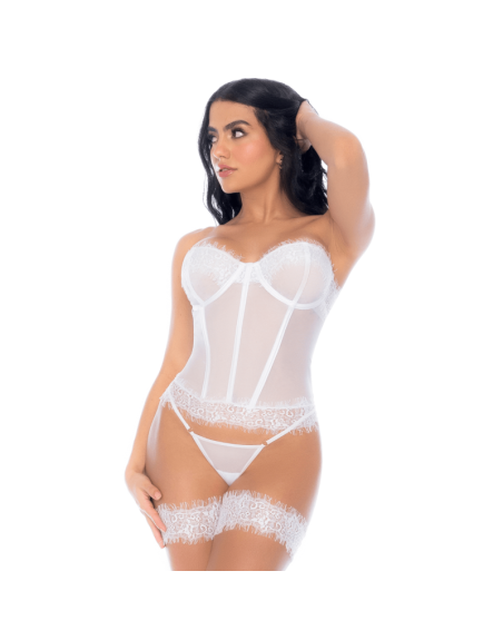 Ensemble 4 pièces blanc, bustier, string et 2 jarretières 