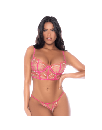 Ensemble 2 pièces résille brodée rose 