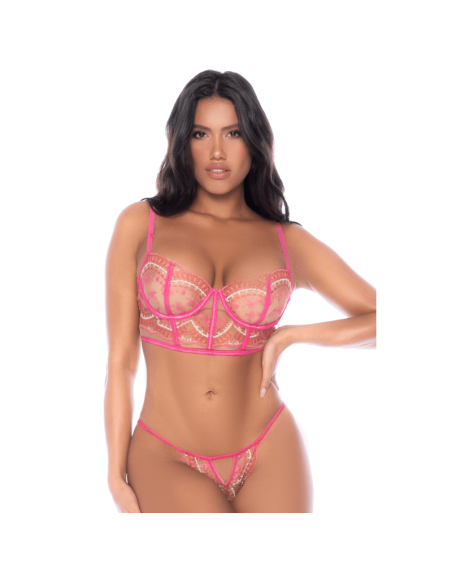 Ensemble 2 pièces résille brodée rose 
