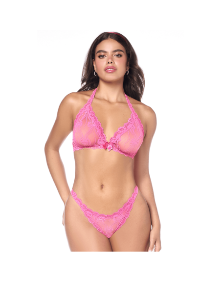 Ensemble sexy 2 pièces rose en dentelle délicate avec haut et string assorti 