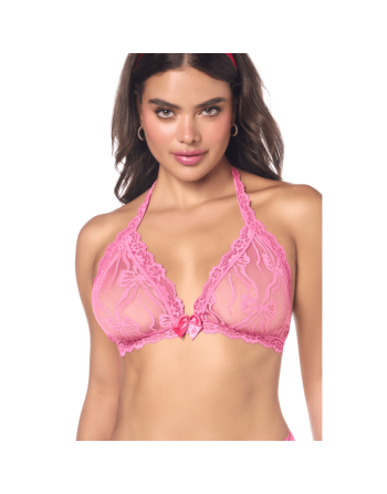 Ensemble sexy 2 pièces rose en dentelle délicate avec haut et string assorti 