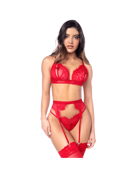 Ensemble sexy 3 pièces peek-a-boo en dentelle avec string et porte-jarretelles 