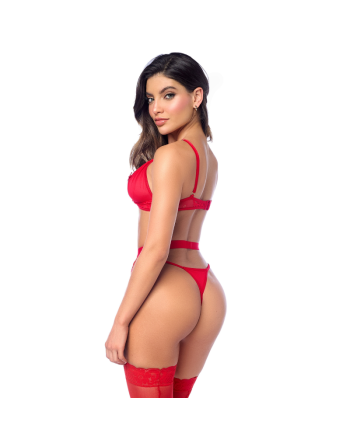 Ensemble sexy 3 pièces peek-a-boo en dentelle avec string et porte-jarretelles 