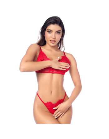 Ensemble sexy 3 pièces peek-a-boo en dentelle avec string et porte-jarretelles 