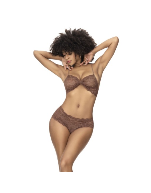 Ensemble 2 pièces, top et tanga en dentelle couleur cacao 