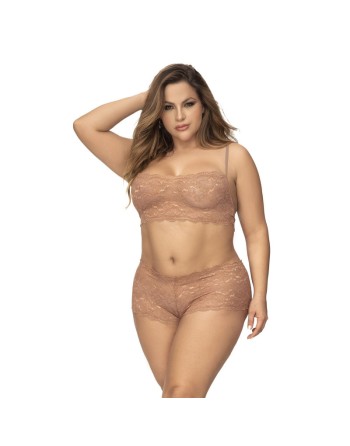 Ensemble 2 pièces en dentelle grande taille, top à bretelles et shorty couleur taupe 