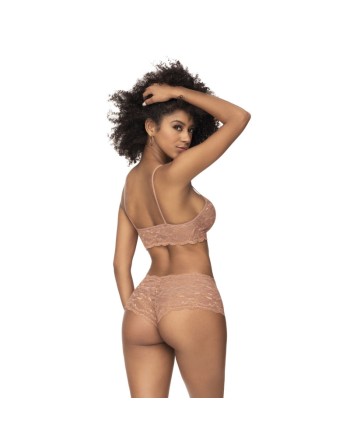 Ensemble 2 pièces en dentelle, top à bretelles et shorty couleur taupe 