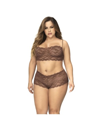 Ensemble 2 pièces en dentelle grande taille, top à bretelles et shorty couleur cacao 