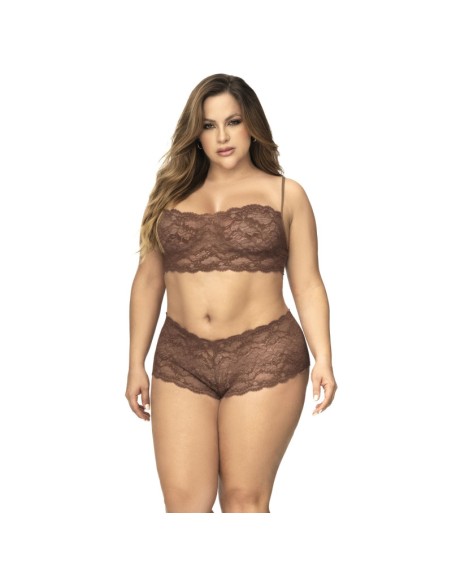 Ensemble 2 pièces en dentelle grande taille, top à bretelles et shorty couleur cacao 
