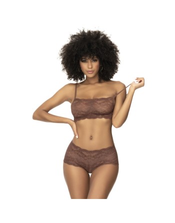 Ensemble 2 pièces en dentelle, top à bretelles et shorty couleur cacao 