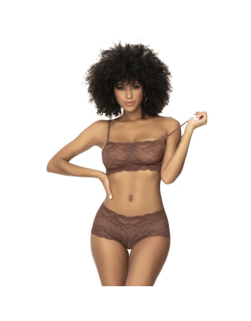 Ensemble 2 pièces en dentelle, top à bretelles et shorty couleur cacao 
