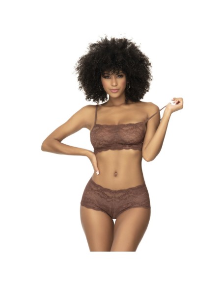 Ensemble 2 pièces en dentelle, top à bretelles et shorty couleur cacao 