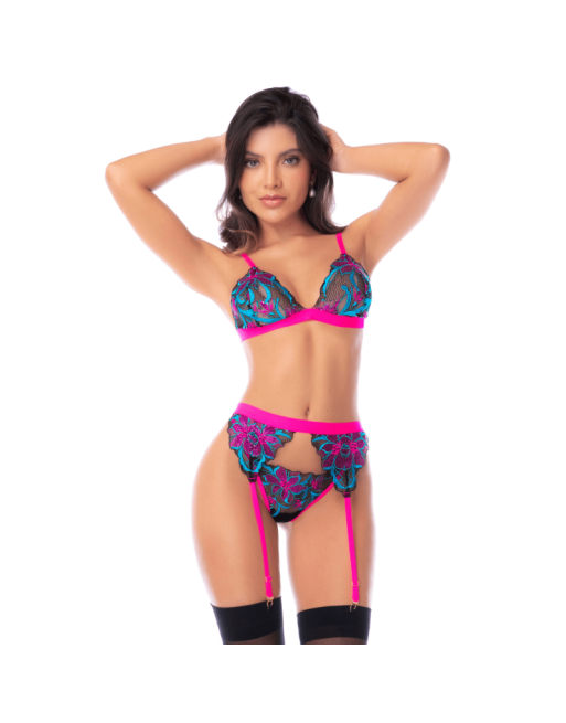 Ensemble lingerie 3 pièces bleu et rose brodé avec sequins – Mapalé