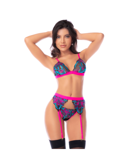 Ensemble lingerie 3 pièces bleu et rose brodé avec sequins – Mapalé