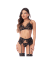Ensemble lingerie 3 pièces noir en dentelle avec porte-jarretelles – Mapalé