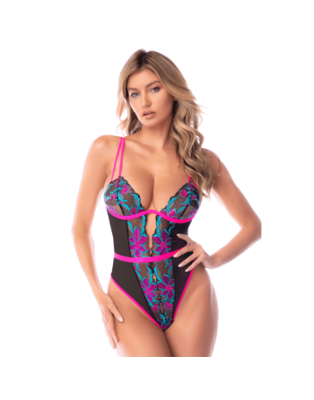 Body bleu et rose en maille transparente brodée avec sequins – Mapalé