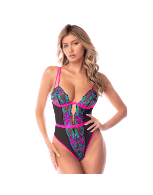 Body bleu et rose en maille transparente brodée avec sequins – Mapalé