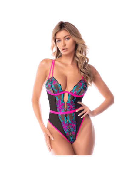 Body bleu et rose en maille transparente brodée avec sequins – Mapalé