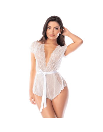 Combishort blanc en dentelle transparente avec ceinture – Mapalé