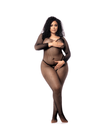 Combinaison grande taille manches longues en résille noire 