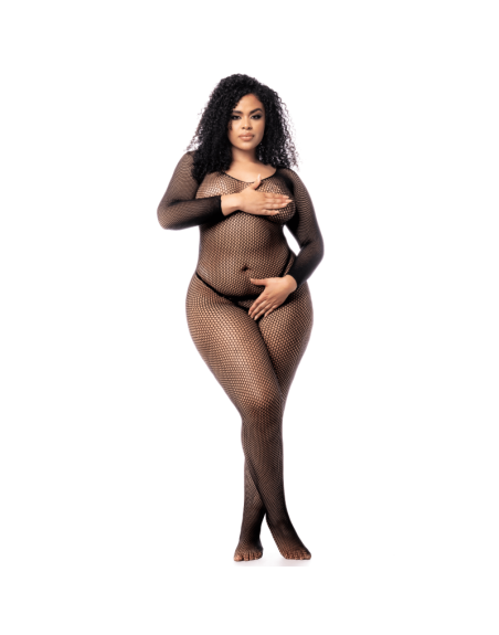 Combinaison grande taille manches longues en résille noire 