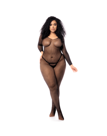 Combinaison grande taille manches longues en résille noire 