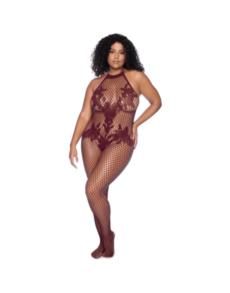 Combinaison grande taille en résille couleur cerise 