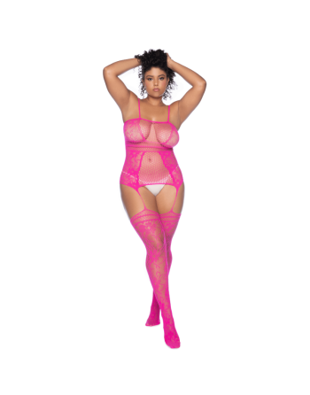 Combinaison grande taille en résille rose 