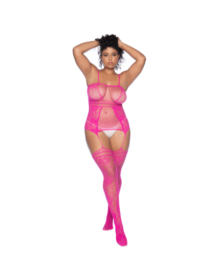 Combinaison grande taille en résille rose 