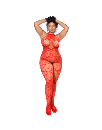 Bodystocking grande taille en résille rouge à motif cœur, orné de strass, ouvert à l’entrejambe - Mapalé