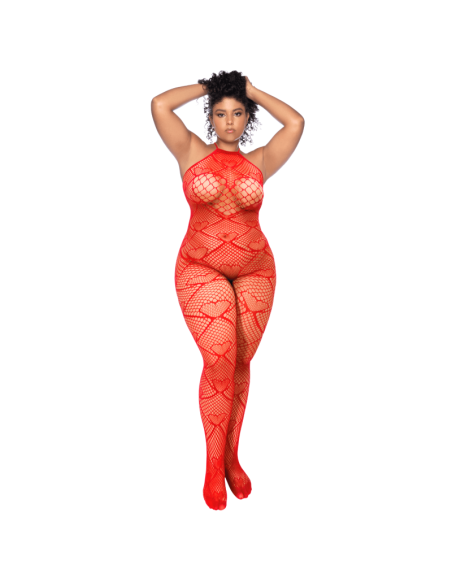Bodystocking grande taille en résille rouge à motif cœur, orné de strass, ouvert à l’entrejambe - Mapalé