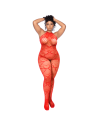 Bodystocking grande taille en résille rouge à motif cœur, orné de strass, ouvert à l’entrejambe - Mapalé