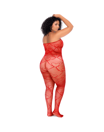 Bodystocking grande taille en résille rouge à motif cœur, orné de strass, ouvert à l’entrejambe - Mapalé