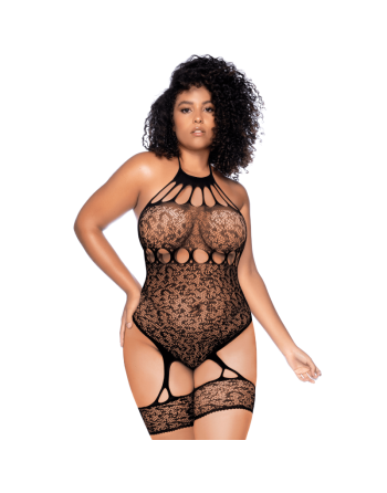 Body grande taille en résille léopard noir à tour de cou et jarretières intégrées - Mapalé