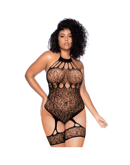 Body grande taille en résille léopard noir à tour de cou et jarretières intégrées - Mapalé