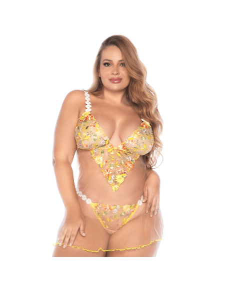 Nuisette grande taille transparente brodée jaune et string 