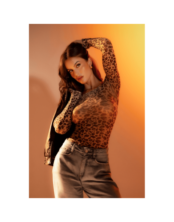 Body string en résille à manches longues imprimé léopard - Mapalé