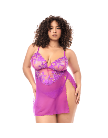 Babydoll grande taille en résille brodée florale et string 