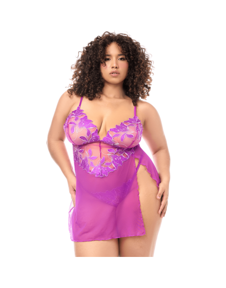 Babydoll grande taille en résille brodée florale et string 