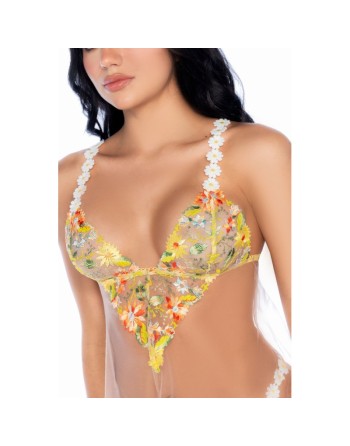 Nuisette transparente brodée jaune et string 