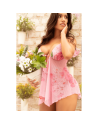 Nuisette résille rose imprimé floral et string 