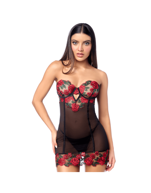 Babydoll sexy à armatures Mapalé broderie roses et string 