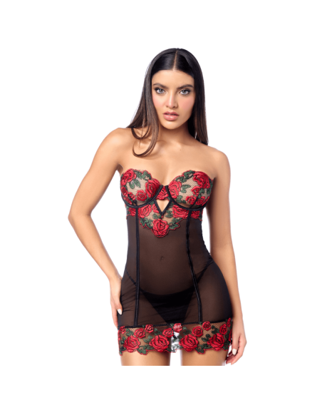 Babydoll sexy à armatures Mapalé broderie roses et string 