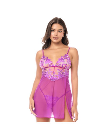 Babydoll sexy en résille brodée florale et string 