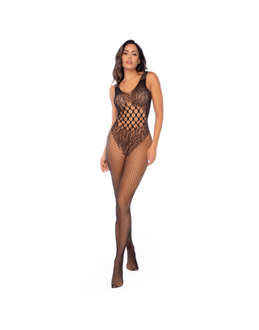 Combinaison en résille léopard noire ouverte à l’entrejambe - Mapalé